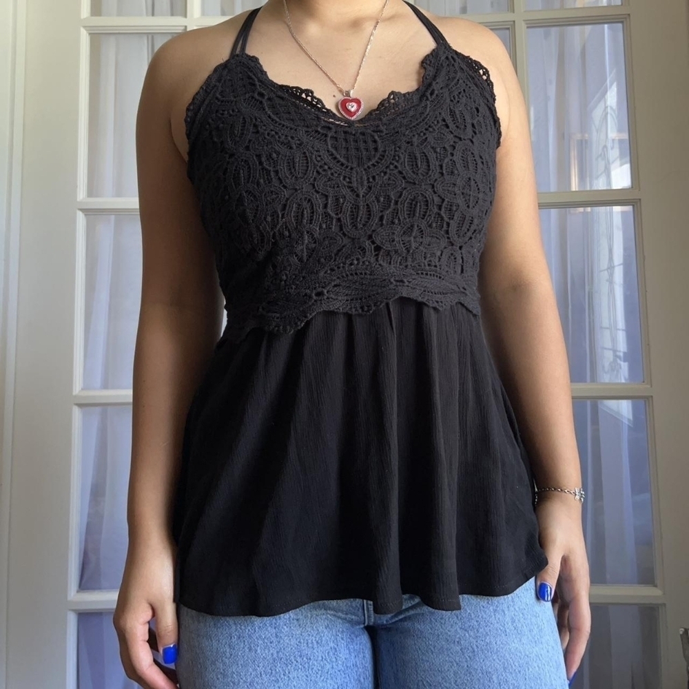 Maurice's Black Cotton Gauze Crochet Baby Doll Tank Top 2X